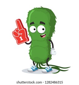 cartoon green bacteria germ character mascot with the number 1 one sports fan hand glove on a white background