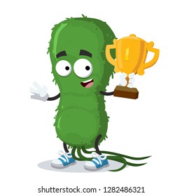 cartoon green bacteria germ mascot holds the number one cup on white background