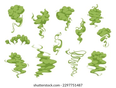 Cartoon green bad smell, stinky smoke clouds, and toxic steam. Vector stench or stink, fume trails, disgusting breathing, fart, spoiled rotten food odor. Isolated set of garbage vapor, fume, miasma