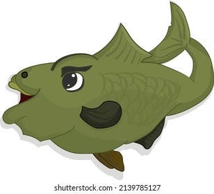 cartoon green bass fish with open mouth white background