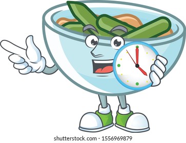 Cartoon green beans casserole in with bring clock character