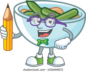 Cartoon green beans casserole in student holding pencil character