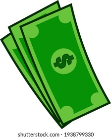 Cartoon Green Bill Dollar Money. Vector Hand Drawn Illustration Isolated On Transparent Background