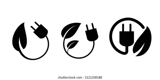 Cartoon green bio or eco power icon or symbol. Natural energy veining leaves and electric plugs. Electrical cable plug with leaf. Ecology concept. leaf bean. Solar panels, power. Organic