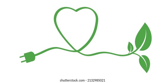 Cartoon green bio or eco power icon or symbol with love, heart. Natural energy sveing leaves and electric plugs. Electrical cable plug with leaf. Ecology concept. concept. CO2, Eco or nature check. 