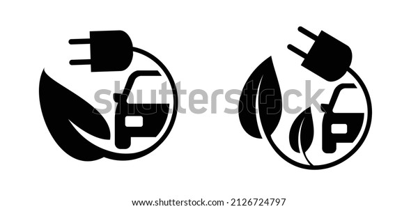 Cartoon green bio\
or eco power icon or symbol with car. Natural energy saving leaves\
and electric plugs. Electrical cable plug with leaf. Ecology\
concept. Eco or nature check.\
