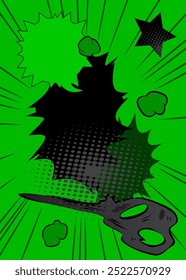 Fundo verde e preto dos desenhos animados, pano de fundo dos quadrinhos. Quadrinhos vetoriais retrô com design de arte pop.