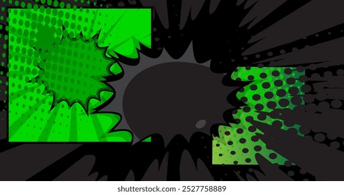 Fundo verde e preto dos desenhos animados, pano de fundo dos quadrinhos. Quadrinhos vetoriais retrô com design de arte pop.