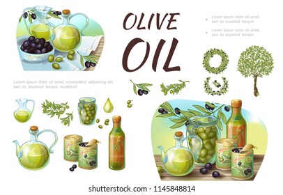Cartoon green and black olive composition with olive branches wreathes tree cans jars and bottles of natural oil vector illustration