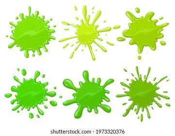 Cartoon green blots. Halloween dripping sticky alien slime splatter isolated vector illustration set. Green sticky slime splatter. Sticky stain blot, goo splash