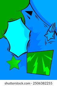 Cartoon green and blue comic book background. Retro vector comics pop art design.