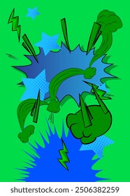 Cartoon green and blue comic book background. Retro vector comics pop art design.