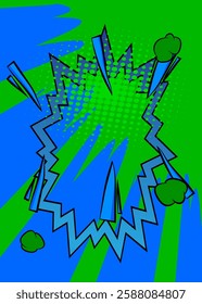 Cartoon green and blue comic book background. Retro vector comics pop art design.
