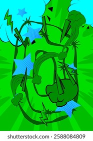 Cartoon green and blue comic book background. Retro vector comics pop art design.