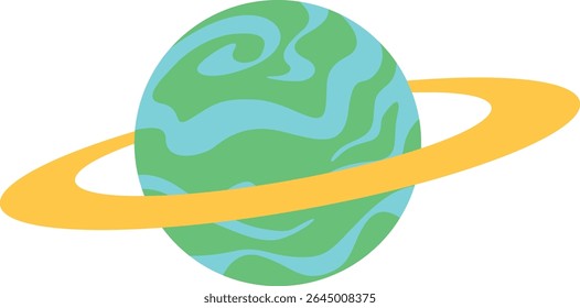 Cartoon planeta verde e azul com anéis amarelos semelhantes a Saturno, estilizado para ilustrações com temas espaciais, educação ou decoração cósmica.