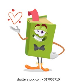 cartoon green book gentleman wearing a tie holding a heart