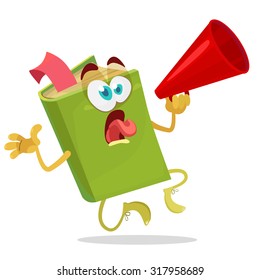 cartoon green book in a red megaphone shouts
