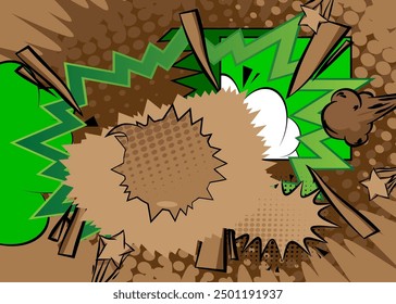 Cartoon green and brown background, comic book backdrop. Retro vector comics pop art design.