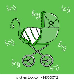 Cartoon green buggy for small boy baby (vector)