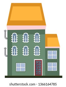 Cartoon green building with yellow roof vector illustartion on white backgorund