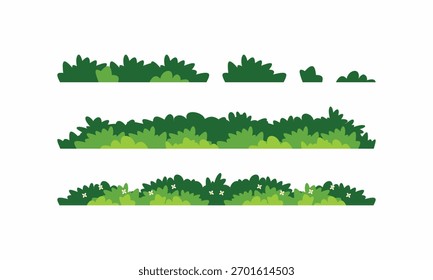 Cartoon green bush and grass vector assets set in flat design. Perfect elements for game backgrounds, level design, and nature scenes