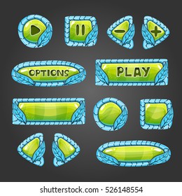Cartoon green buttons with blue leaves