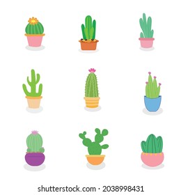 cartoon green cactus in a pot on a white background