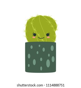 Cartoon green cactuses. Element design. Vector illustration on white background.  Abstract cactus in flower pot.