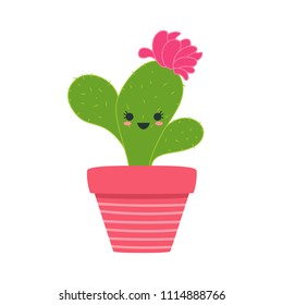 Cartoon green cactuses. Element design. Vector illustration on white background.  Abstract cactus in flower pot.