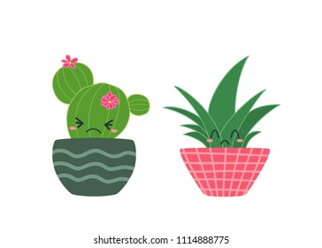 Cartoon green cactuses. Element design. Vector illustration on white background.  Abstract cactus in flower pot.