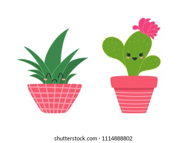 Cartoon green cactuses. Element design. Vector illustration on white background.  Abstract cactus in flower pot.