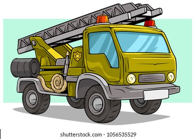 Cartoon green camouflage military army police big cargo truck or car with badge, ladder, hosepipe and red flasher on blue background. Vector icon.