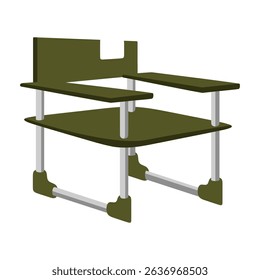 Cartoon Green Camping Chair Icon. Portable outdoor chair with armrests and metal tubing, illustrated in flat cartoon style, isolated on white background.

