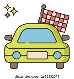 Cartoon Green Car with Checkered Flag and Sparkles, Automotive I
