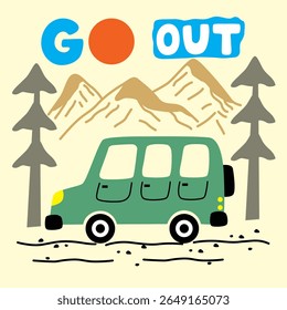 Cartoon green car driving through forest under mountain sunrise with go out text. Travel concept
