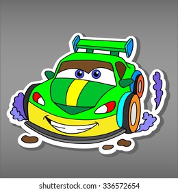 Cartoon green car sticker for boys.Vector illustration of doodle car for scrapbook.Transportation Doodle Background. Funny smile car in paper cut style. Comic character for textile 