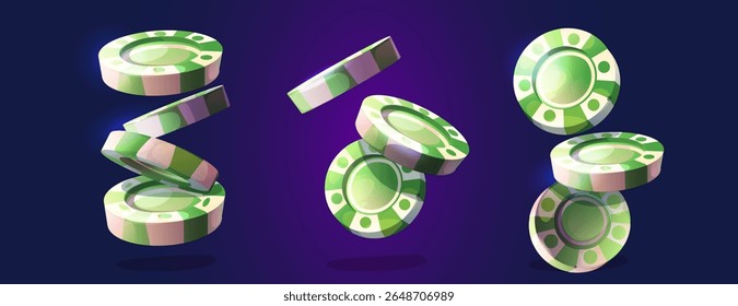 Cartoon green casino chips floating on dark bg - poker tokens with white stripes in various angles, falling and stacked positions. Gaming currency for gambling app, Vegas game or betting interface.