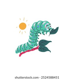 La oruga verde de la historieta come la planta. Estilo lindo del garabato del parásito del gusano del insecto dibujado aislado en el fondo blanco. Pequeña plaga de gusanos, larva fauna silvestre. Ilustración vectorial con sol de verano