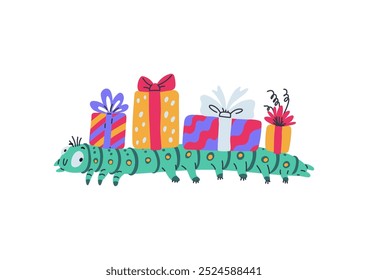 Cartoon green caterpillar with gift boxes. Cute bug worm insect crawling with gifts and presents for holiday celebration doodle style drawn isolated. Birthday festive maggot larva. Vector illustration