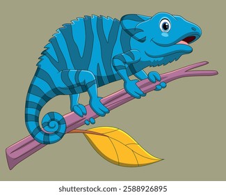 Cartoon green chameleon on tree branch vector illustration