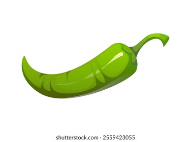 Cartoon green chili pepper. Isolated vector whole guindilla jalapeno Mexican spicy food, culinary ingredient. Raw, sleek and elongated pod with curve tip, radiates heat with its smooth glossy surface