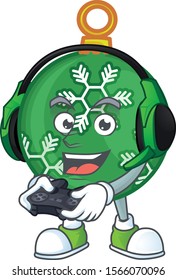 Cartoon green christmas ball with character bring gaming