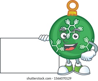 Cartoon green christmas ball with character grinning with board