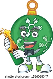 Cartoon green christmas ball with mascot bring beer