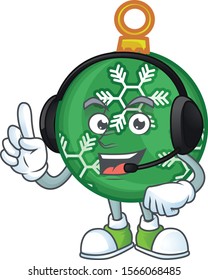 Cartoon green christmas ball with mascot with headphone