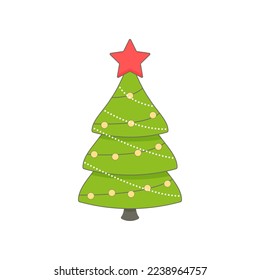 Cartoon green Christmas tree and garland with lights isolated on white