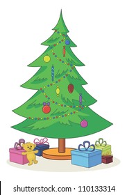 Cartoon, green Christmas tree with toys, teddy bear and gift boxes. Vector illustration