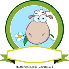 Cartoon Green Circle Label With Sheep And Ribbon