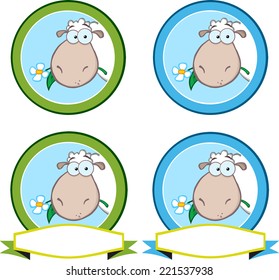 Cartoon Green Circle Labels With Sheep. Vector Collection Set