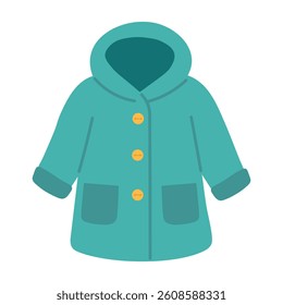 Cartoon green coat with yellow buttons and hood. Flat style perfect for spring outfit design.